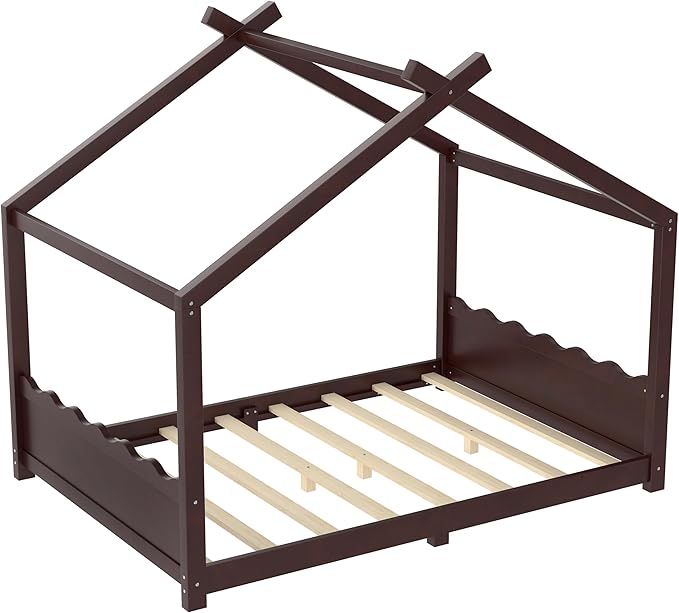 Full Size Wooden House Floor Bed - Kids Bed Frame with Roof & Support Slats for Bedroom, No Box Spring Needed, Easy Assembly (Espresso)