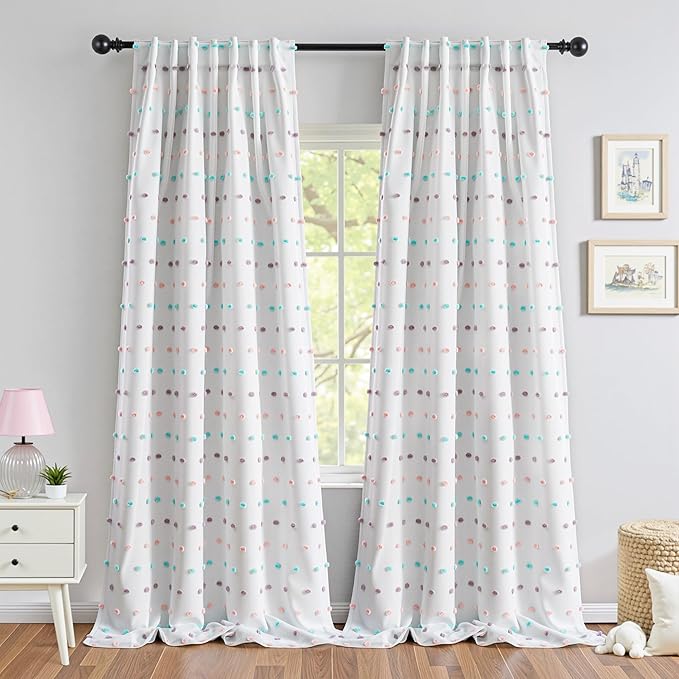 MYSKY HOME Total Blackout Curtains for Living Room 95 Inch Long 100% Light Blocking Curtains for Bedroom 2 Panels Set Privacy Protect Back Tab 2 Layered Drapes with Rainbow Pom Pom Sheer 52W x 95L