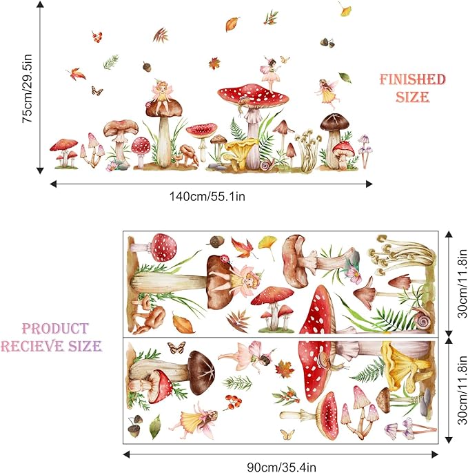 Supzone Woodland Mushroom Wall Decals Elf Flower Fairy Wall Stickers Peel and Stick Vinyl Wall Art Decals for Girls Bedroom Living Room Baby Nursery Wall Decor