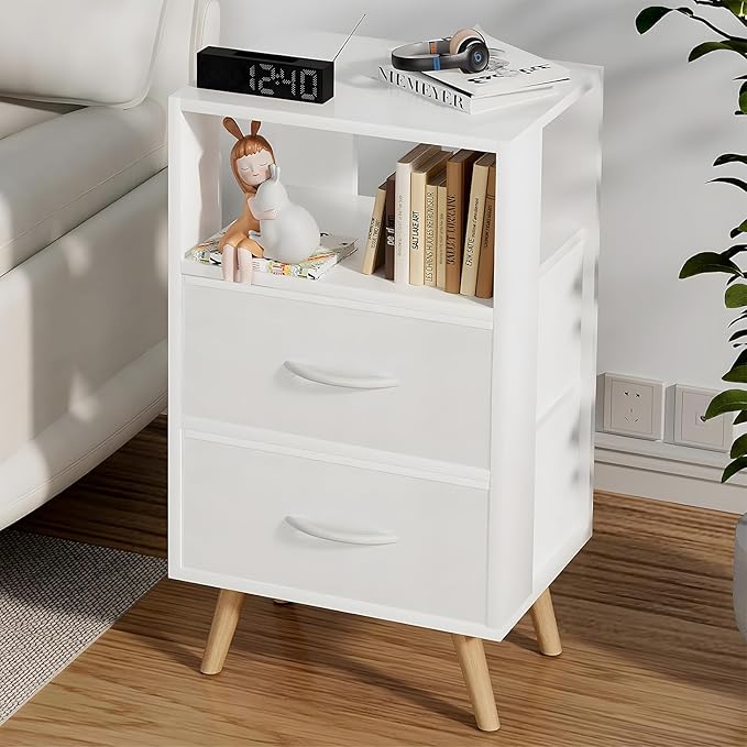 Night Stand, White Kids Nightstand with Fabric Drawers, Nursery Side Table with Open Storage, 3-Tier Modern End Table, Bedside Table for Small Space, Living Room, Bedroom