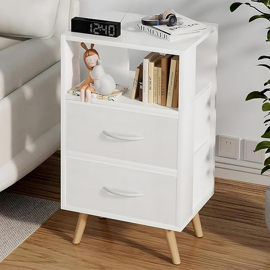 Night Stand, White Kids Nightstand with Fabric Drawers, Nursery Side Table with Open Storage, 3-Tier Modern End Table, Bedside Table for Small Space, Living Room, Bedroom