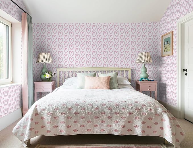 Timeet Pink Heart Wallpaper Peel and Stick Wallpaper Modern Wallpaper Pink White Contact Paper 17.7"x393.7" Self Adhesive Removable Wallpaper for Bedroom Kids Room Wall Decor