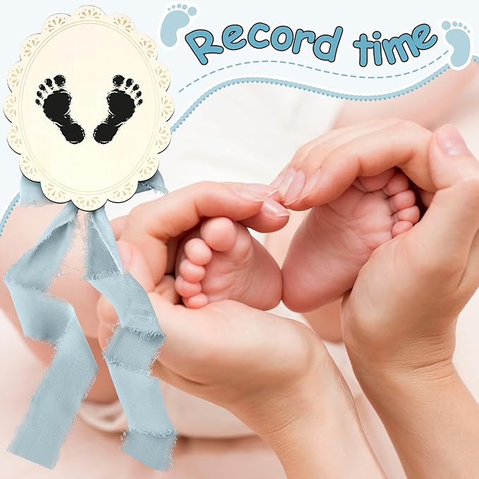 Baby Announcement Sign 7 Inch Double Sided Wooden Hello World Newborn Engraved Sign with Organza Bag Marker Pen Ink Pad Ribbon Bow for Baby Shower Hand Footprints Photo Prop (Blue Bow)
