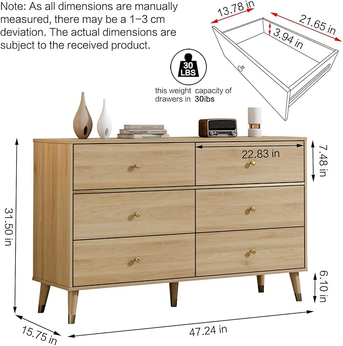 6 Drawer Dresser,47" Wide Mid Century Chest of Drawers,Wooden Bedroom Drawer Dresser with 6 Storage Drawers for Bedroom,Living Room,with Anti-Tipping Device,Wood