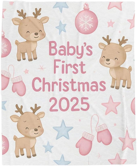 Personalized Baby's First Christmas Blanket, Custom Reindeer Nursery Baby Name Christmas Blanket, Soft Fleece Or Sherpa Throw, Baby Shower, Made in USA