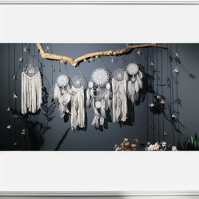 Dream Catcher Wall Decor,Large Boho Dream Catcher with Luxurious Feathers & Beads, Handmade Wall Hanging for Bedroom, Nursery, Living Room, Gift Ready for Girls & Adults (White)