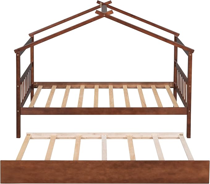 Merax Twin Size Wooden House Bed with Trundle, Wood Bed Frame with Roof for Kids, Teens, Boys or Girls, Walnut