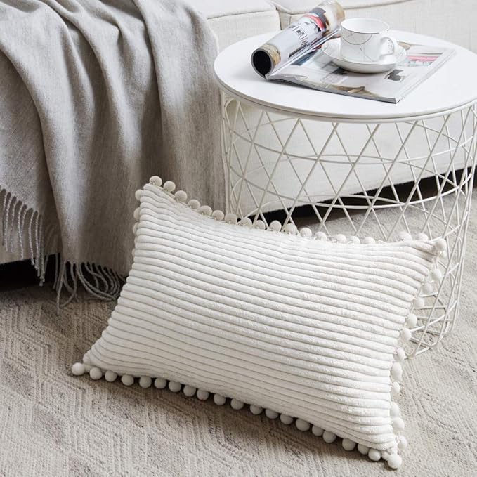 Fancy Homi 2 packs Cream White Boho Decorative Throw Pillow Covers with Pom-poms, Soft Corduroy Solid Square Cushion Cases Set for Living Room Couch Sofa Bedroom Car (12x20 Inch/30x50 cm, Cream White)