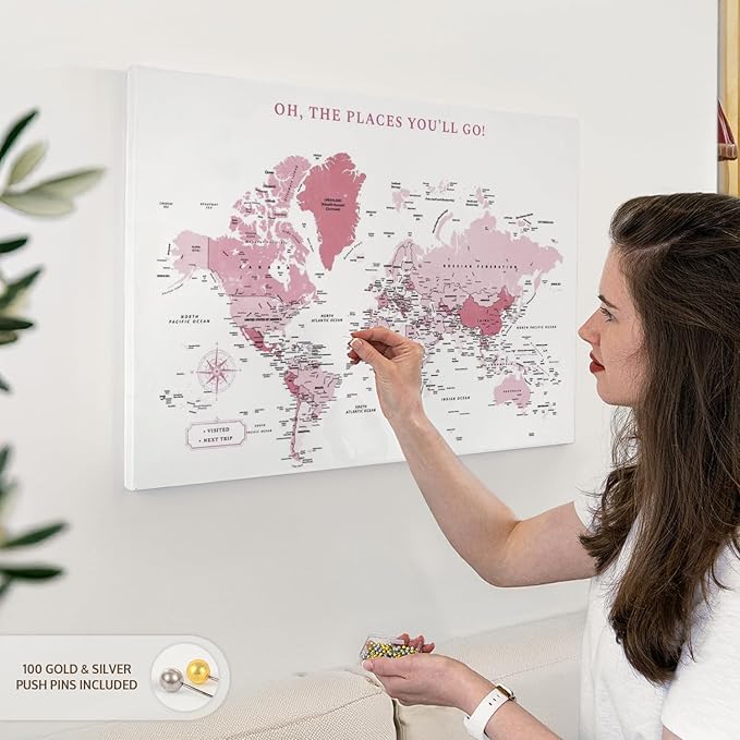 ElephantStock - Places You'll Go Push Pin World Map Wall Art - Horizontal Canvas Wall Art - Living Room Wall Decor - Digital Art Map Canvas Art - White And Pink Decor - 30" x 20"