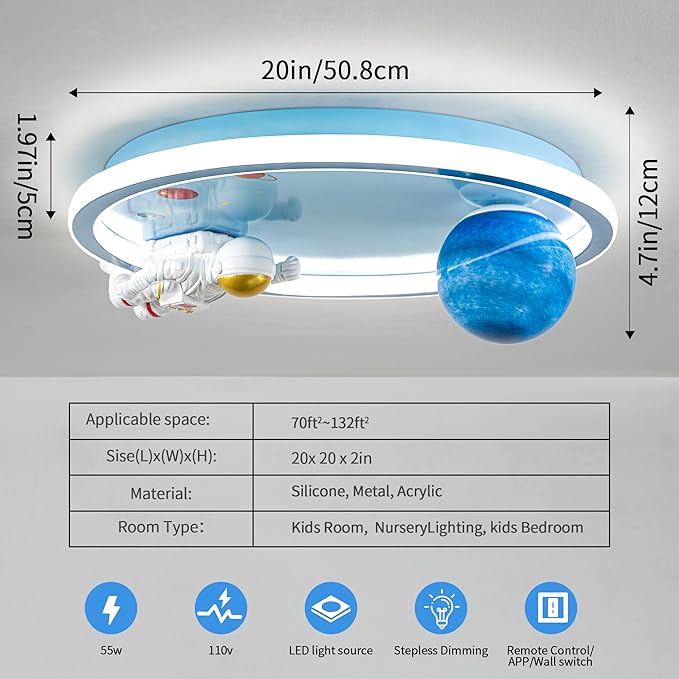 Astronaut Ceiling Light Fixture 20" Dimmable Kids Flush Mount Ceiling Lights for Bedroom LED Chandelier 3000K-6000K with Remote Children Ceiling Lamp for Kitchen,Nursery Room