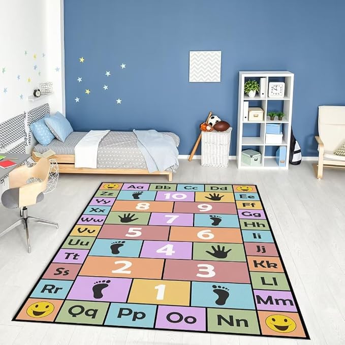 Kid Hopscotch Play Rug, ABC Alphabet Number Educational Carpet, Playroom Classroom Mat Non-Slip Washable (Pink 79x118 in)
