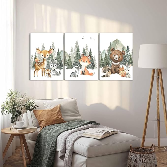 3Pcs Woodland Animal Nursery Canvas Wall Art Forest Adventure Theme Animals Picture Posters Wall Decor Cute Watercolor Deer Bear Fox Painting Print Artwork for Kids Baby Bedroom Decor 12x16in