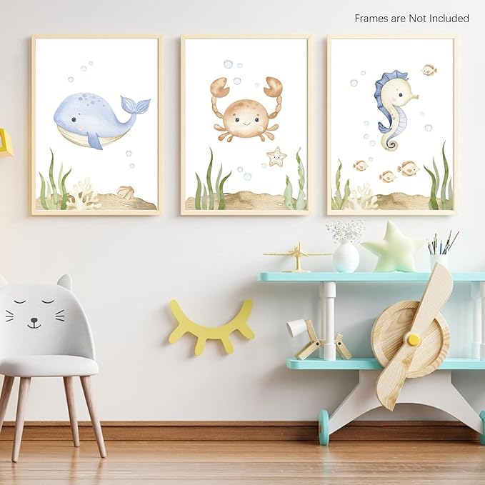 Wodkwq Nursery Wall Art Sea Animal Canvas Prints Baby Girl Boy Room Decor Watercolor Paintings Pictures Cute Ocean Theme Toddler Room Decoration Set of 3 for Kids Bedroom Bathroom 16x24in Unframed