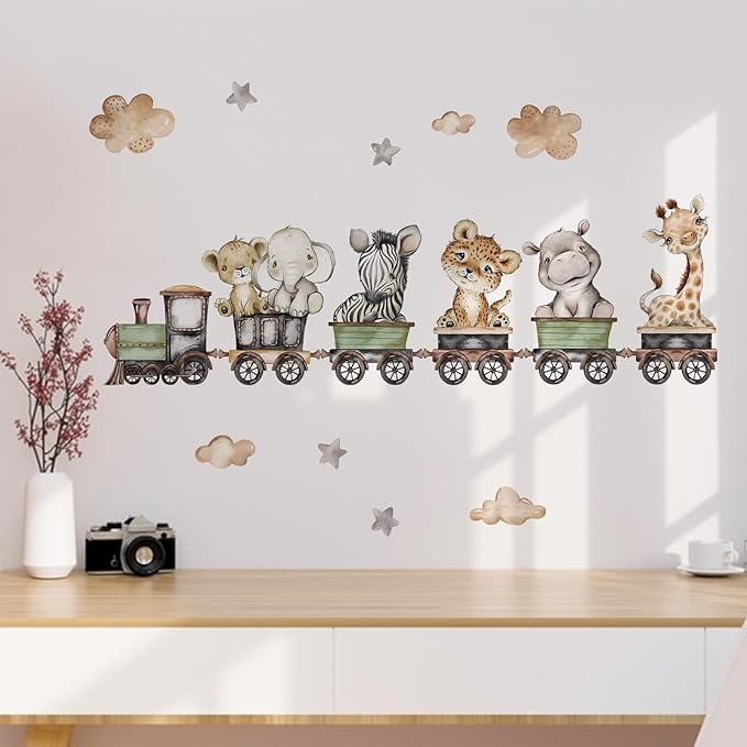 Yovkky Baby Safari Animals Train Wall Decals Stickers, African Jungle Elephant Zebra Giraffe Hippo Lion Leopard Cheetah Neutral Nursery Toddler Decor, Kids Room Home Decorations Bedroom Playroom Art