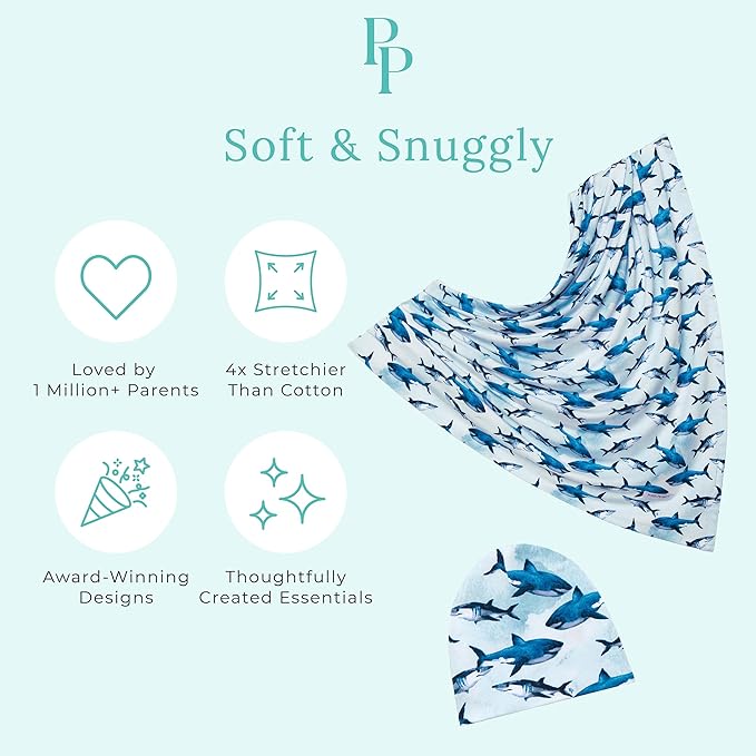Posh Peanut Baby Swaddle Blanket & Beanie - Matching Newborn Swaddle Set, Doubles As Receiving Blanket or Nursing Cover (Sharks)