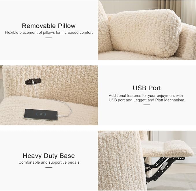 Swivel Glider Recliner, Boucle Upholstery Recliner with 2 Pillow, Nursery Glider Rocker Chair, Power Reclining Sofa Chair for Living Room/Office/Apartment/Off-White