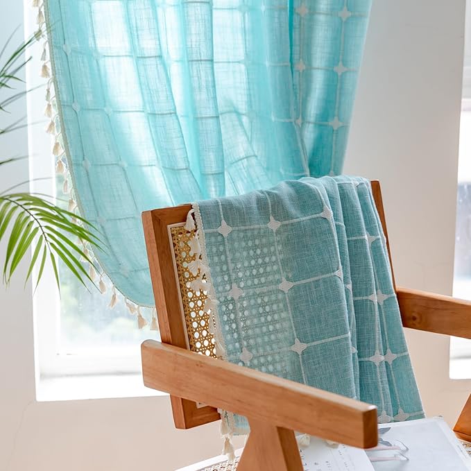 Deeprove Green Boho Curtains 96 Inches Long for Bedroom Nursery Room, Cotton Linen Lattice Plaids Embroidery Semi Blackout Bohemian Window Treatment Grids Drape Tassels, 1 Panel W52 x L96, Aqua
