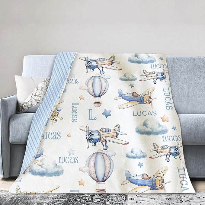 Personalized Baby Blankets for Boys Girls, Custom Name Baby Blanket with Toy Airplane Design, Soft Receiving Blanket for Newborns and Toddlers, Ideal for Baby Showers and Nursery Decor