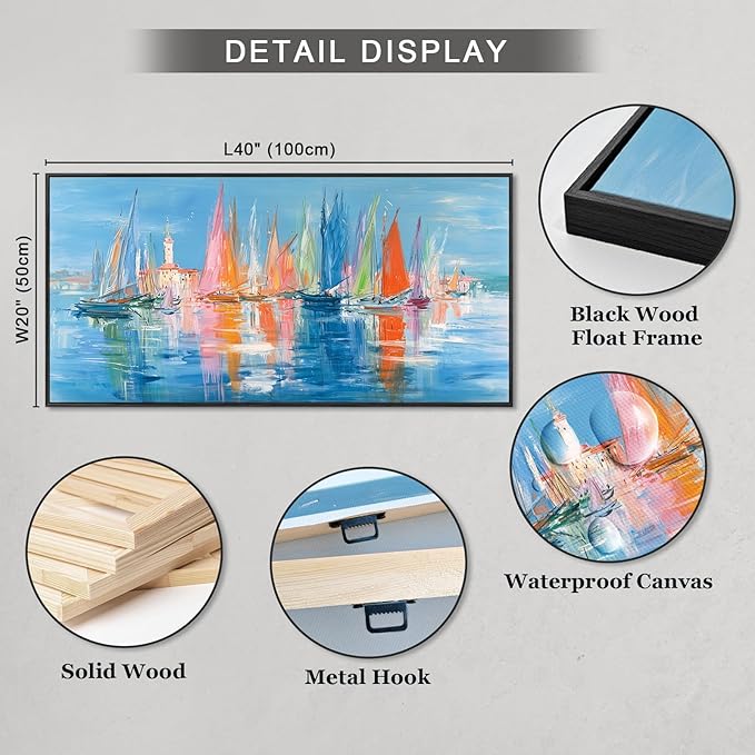 Large Framed Nautical Wall Art, Living Room Modern Coastal Wall Decor, Abstract Sailboats Seascape Paintings, Canvas Prints, Colorful Venice Coastal Scene Seaside Bedroom Bathroom Artwork, 20x40inch