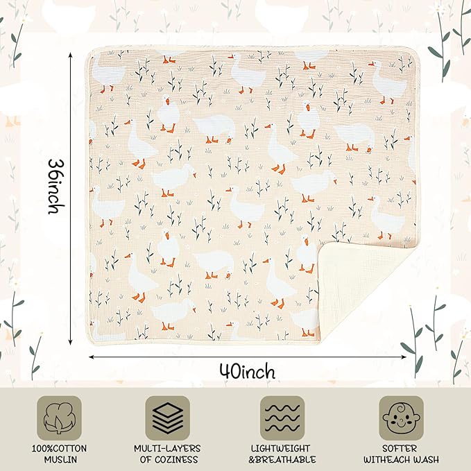 Breling Silly Goose Muslin Baby Blankets for Girls Boys, 100% Cotton Crib Blanket for Infant Toddler, 40 x 36 Inch Soft and Lightweight Nursery Swaddling Wrap
