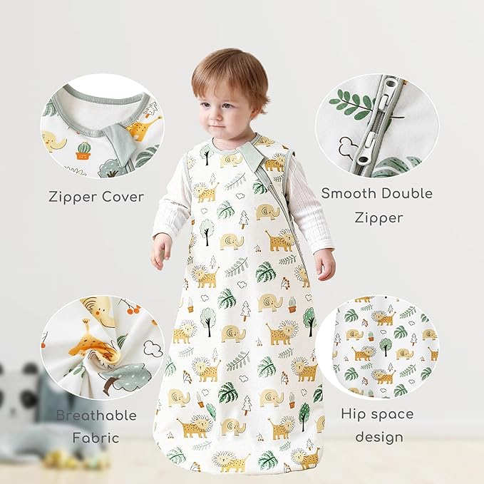 Baby Sleep Sack 6-12 Months 1.0 TOG, 100% Cotton Baby Wearable Blanket with 2-Way Zipper, Infant Toddler Sleeping Sack for Newborn Boys and Girls, Green & Lion