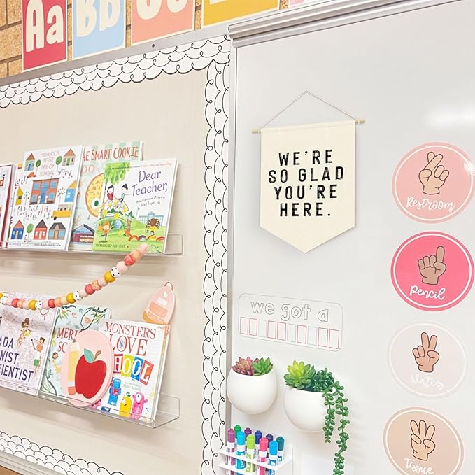 Welcome Sign We're So Glad You're Here Linen Canvas Banner, Teacher Must Haves, Positive Affirmations Wall Hanging Pennant Flag Banner for Classroom Preschool Decor, Welcome Gifts, 15x11in