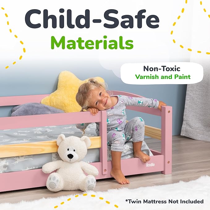 Ocodile Twin Floor Bed with Safety Guardrails for Kids, Montessori Inspired with Rails and 2 Openings, Twin Size Bed Frame for Girls and Boys - Pink