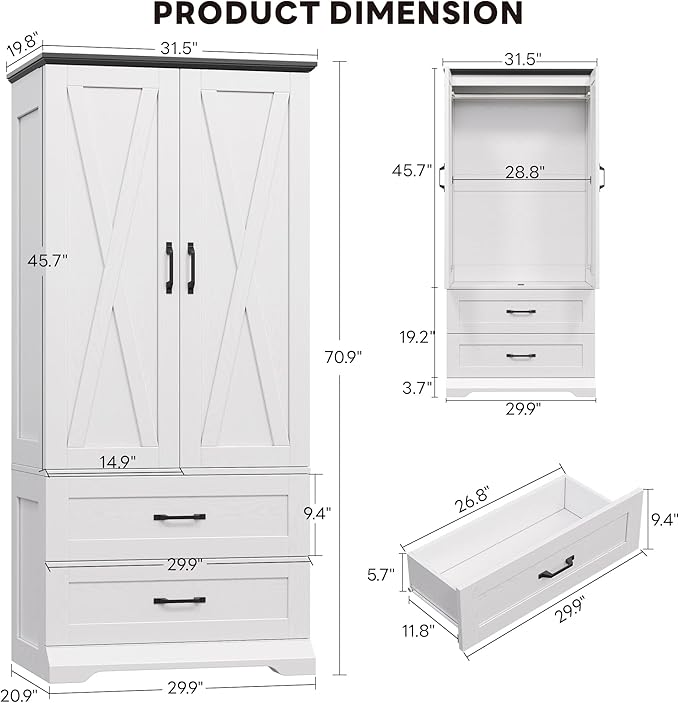 LIKIMIO Armoire Wardrobe Closet 70.9" H, Bedroom Wooden Wardrobe with 2 Doors, 2 Drawers and Sensor Light, Clothing Storage Cabinet Organizer Combination with Hanging Rod, Hooks, White