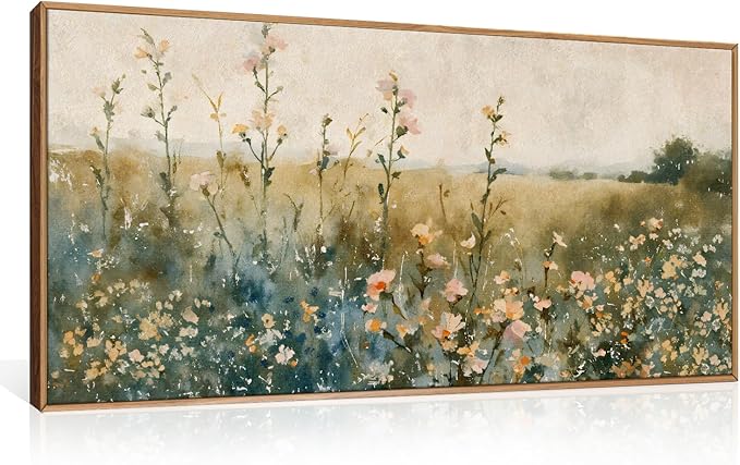 HLNIUC Vintage Watercolor Wildflower Landscape Horizontal Wall Art Framed, Large Retro Floral Wall Decor(20x40), Nature Wilderness Farmhouse Rustic Field Canva Painting for Living Room,Bedroom, Office