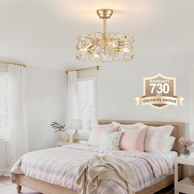 20" Gold Caged Ceiling Fan with Light and Remote Control Flower Crystal Chandelier Ceiling Fan Boho Fandelier for Girl's Bedroom，Nursery，Living Room（Enclosed 6 Speeds Height Adjustment）
