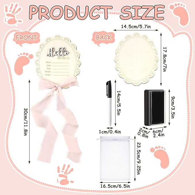 Baby Announcement Sign 7 Inch Double Sided Wooden Hello World Newborn Engraved Sign with Organza Bag Marker Pen Ink Pad Ribbon Bow for Baby Shower Hand Footprints Photo Prop (Pink Bow)