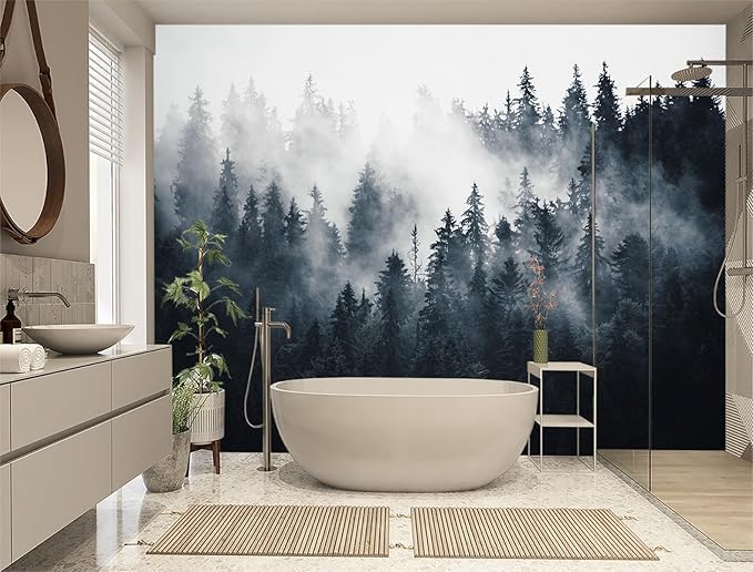 XMPMBM-Misty Forest Fabric Wallpaper Pine Forest Living Room Bedroom Bathroom Wall Mural-W 132" X H 92"（93 Square Foot）