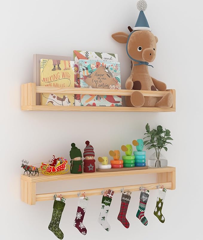Heimlove Nursery Floating Shelves, Solid Wood Book Shelves for Wall, 24 Inch Bookshelf for Kids, Wall Mounted Shelves for Books,Toys and Decor Storage, Set of 2 (Natural)