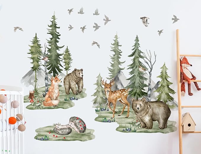 Large Jungle Animals Wall Decals Forest Tree Wall Decal Peel and Stick Woodland Bear Fox Deer Wall Stickers Giant Mountain Art for Bedroom Nursery Room BM6052-ZL