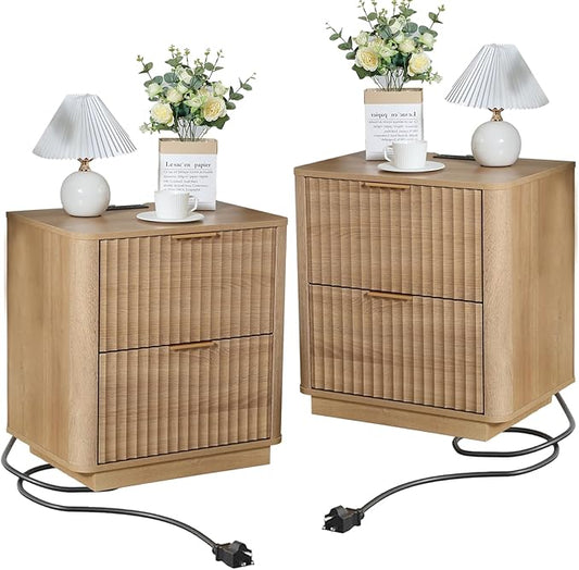 Fluted Nightstand Set of 2, Wood End Table with Charging Station, 23" Modern Night Stands with 2 Drawers, Oak Bedside Table for Bedroom