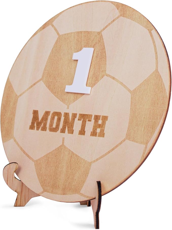 Wooden 3D Baby Monthly Milestone Cards Monthly Milestone Discs Newborn Photography Props Baby Announcement Sign Baby (Soccer)