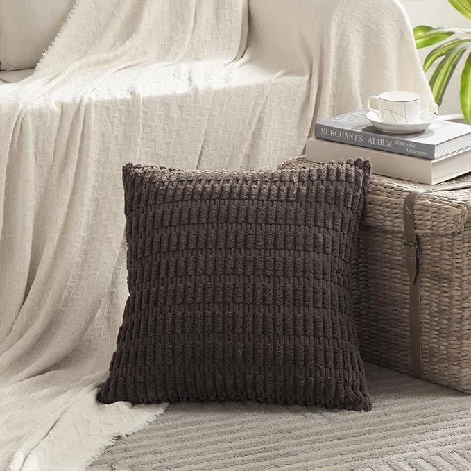 Fancy Homi 2 Packs Dark Brown Decorative Throw Pillow Covers 18x18 Inch for Living Room Couch Bed Sofa, Rustic Farmhouse Boho Home Decor, Soft Striped Corduroy Square Cushion Case 45x45 cm