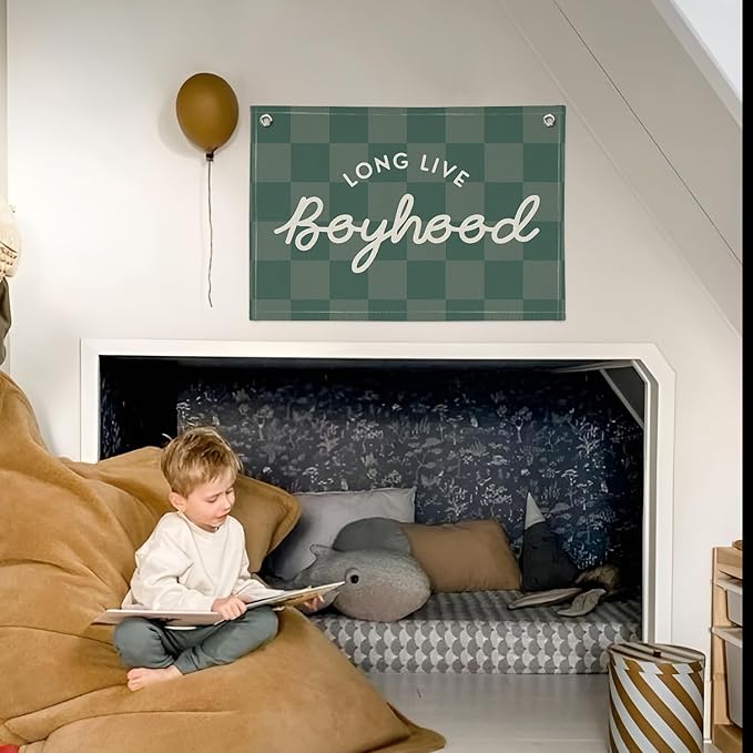 Long Live Boyhood Banner, Boy Nursery Decor, Canvas Banner Wall Hanging Flag Decor for Nursery Playroom Toddler Room, Boys Kids Room - Green