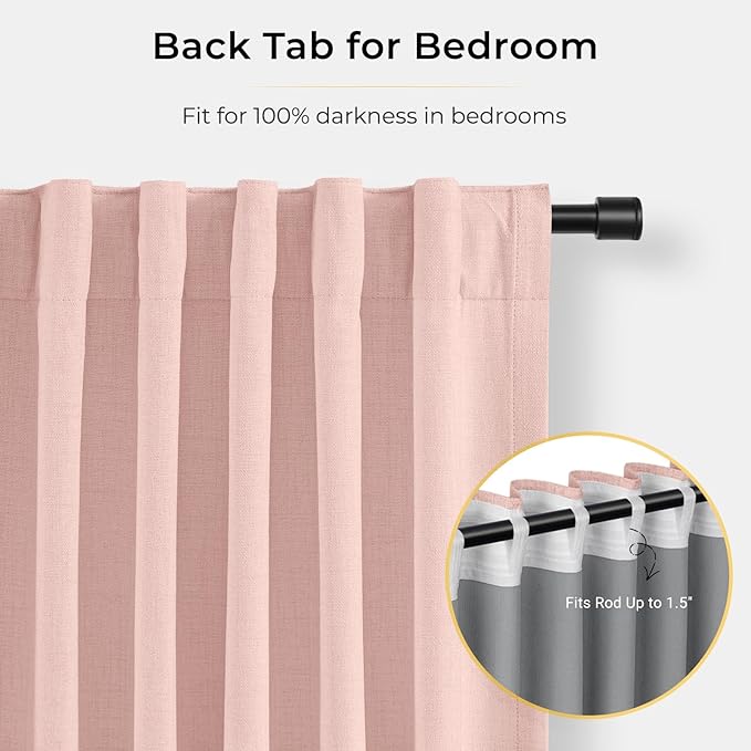 INOVADAY 100% Blackout Curtains for Bedroom, Black Out Curtains 108 Inch Long, Clip Rings Linen Blackout Drapes, Thermal Insulated Room Darkening for Living Room, 2 Panels - Blush Pink,W50xL108