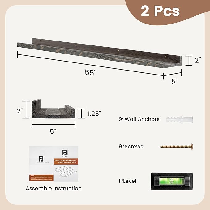 Picture Ledge Shelf, Floating Shelves Set of 2, Solid Pine Wood 55'' Long Large Nursery Book Shelves for Toys Storage, Kids Bookshelf for Living Room Bedroom Decor Books Photo Frames, Grey