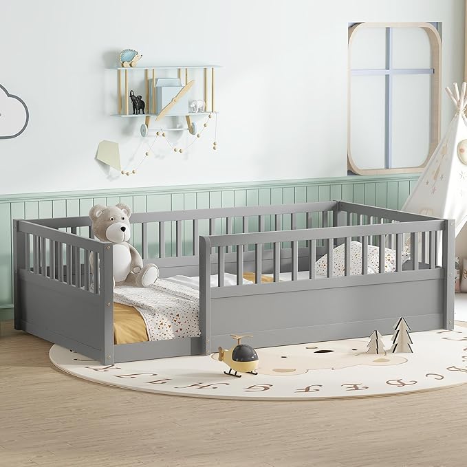 Harper & Bright Designs Twin Floor Bed for Kids, Wood Floor Beds with High Guardrails, Montessori Bed Twin with Opening Door for Boys, Girls, Kids, Solid Wood Structure, Gray