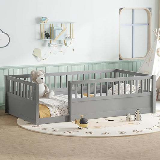 Harper & Bright Designs Twin Floor Bed for Kids, Wood Floor Beds with High Guardrails, Montessori Bed Twin with Opening Door for Boys, Girls, Kids, Solid Wood Structure, Gray