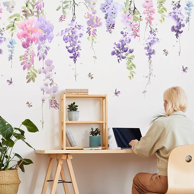Amaonm 3D Removable Hanging Purple Blue Flowers With Green Leaves Wall Stickers Murals DIY Peel and Stick Flower Vines Floral Wall Decal for Home Wall Corner Kids Bedroom Living Room Nursery Decoration (C)
