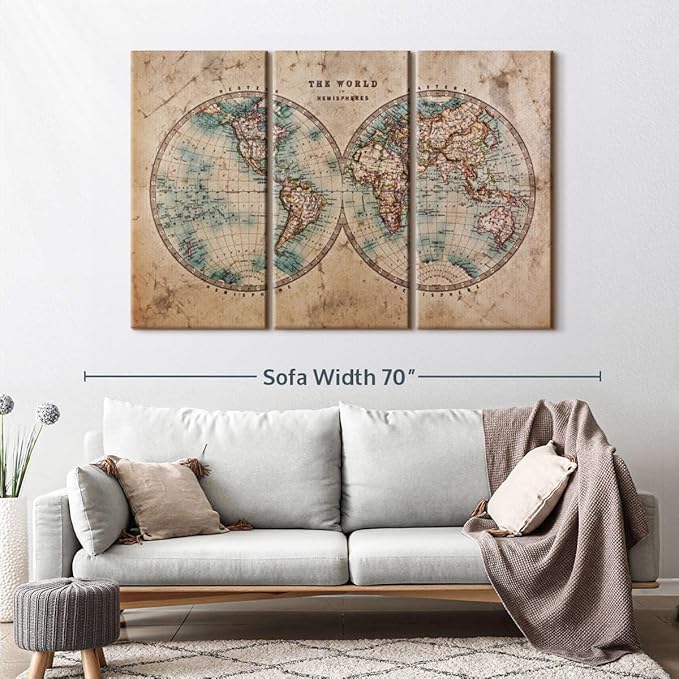 ElephantStock Hemisphere Map Wall Art Multi Piece Canvas - 3 Piece Canvas World Map Wall Decor - Wall Decor Print - Vintage Wall Art - 57" X 36"