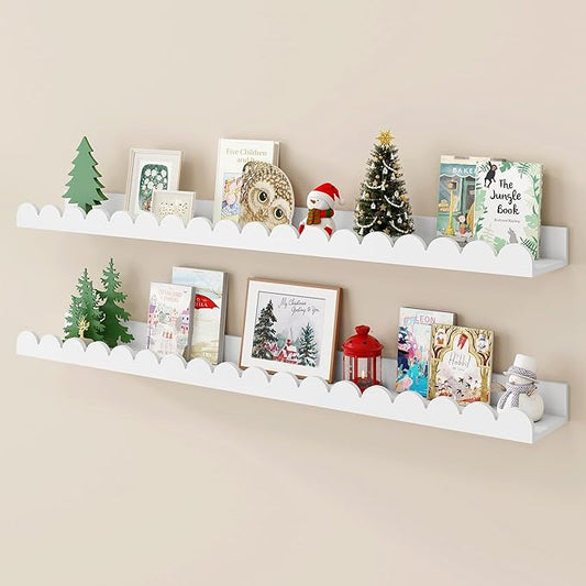 Fun Memories 36 Inch Scalloped Nursery Shelf, White Picture Ledge for Wall, Set of 2, Kids Book Shelves with Floating Design for Kids Rooms, Bedroom