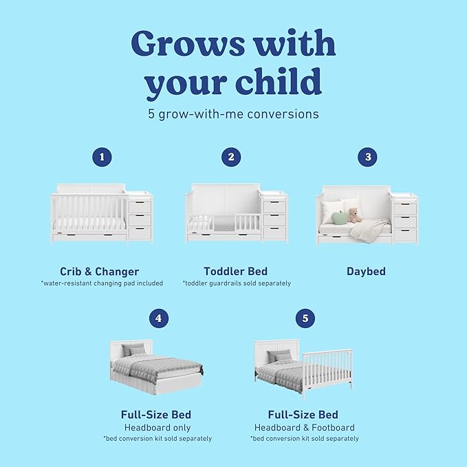 Graco Hadley 5-in-1 Convertible Crib & Changer (White) – GREENGUARD Gold Certified, Fits Standard Crib Mattress, Converts to Toddler Bed and Full Bed, 4 Adjustable Mattress Heights