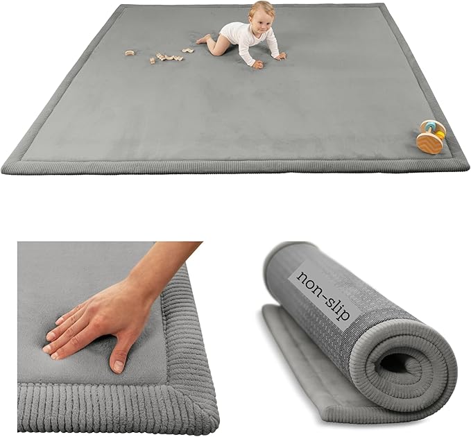 Premium Baby Playmat for Floor 60" x 80" Dark Gray – Cloudsoft Coral Velvet Memory Foam Rug for Crawling – Non-Slip, Water-Resistant, Non-Toxic, Easy-Care Muscle Mat – Thick Play Mat for Baby