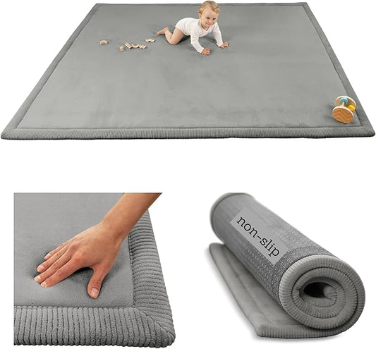 Premium Baby Playmat for Floor 60" x 80" Dark Gray – Cloudsoft Coral Velvet Memory Foam Rug for Crawling – Non-Slip, Water-Resistant, Non-Toxic, Easy-Care Muscle Mat – Thick Play Mat for Baby