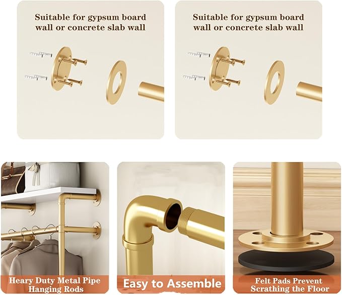 Industrial Pipe Clothes Rack, Gold Clothing Rack with Shelves, Wall Mounted Clothes Rack Heavy Duty Closet Organizers Wardrobe Multi-Purpose Storage Clothes Hanging Shelf - 94.5''L Gold