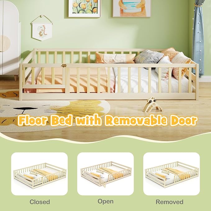 KOMFOTT Full Size Wood Floor Bed with Door & Fence, Montessori Bed Frame with Full Length Safety Guardrails, Door & Latch, Wooden Montessori Floor Bed for Kids, Girls, Boys (Full,Natural)